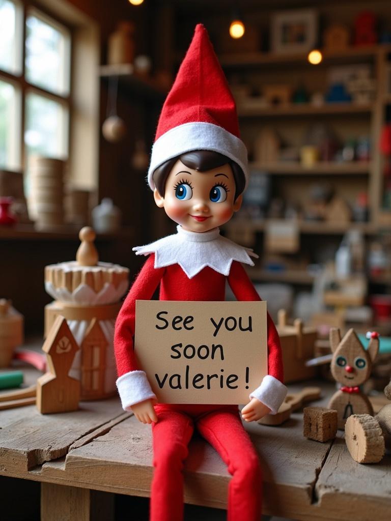 Elf on the shelf in red outfit with white trim and collar holds a sign in a toy workshop. The elf is surrounded by various toys being made. Warm atmosphere enhances the festive setting.