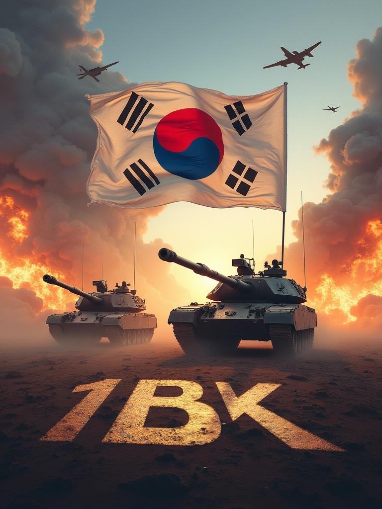 Majestic battlefield scene shows tanks and aircraft with a big South Korean flag in the center. Background features explosions and smoke. Ground displays the text '1BK alliance.'