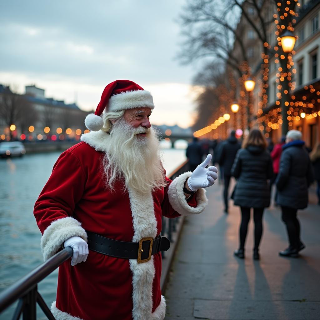 Santa Claus visits the River Seine in France. Warm holiday atmosphere. City lights reflected on the water. People enjoying the festive scene.