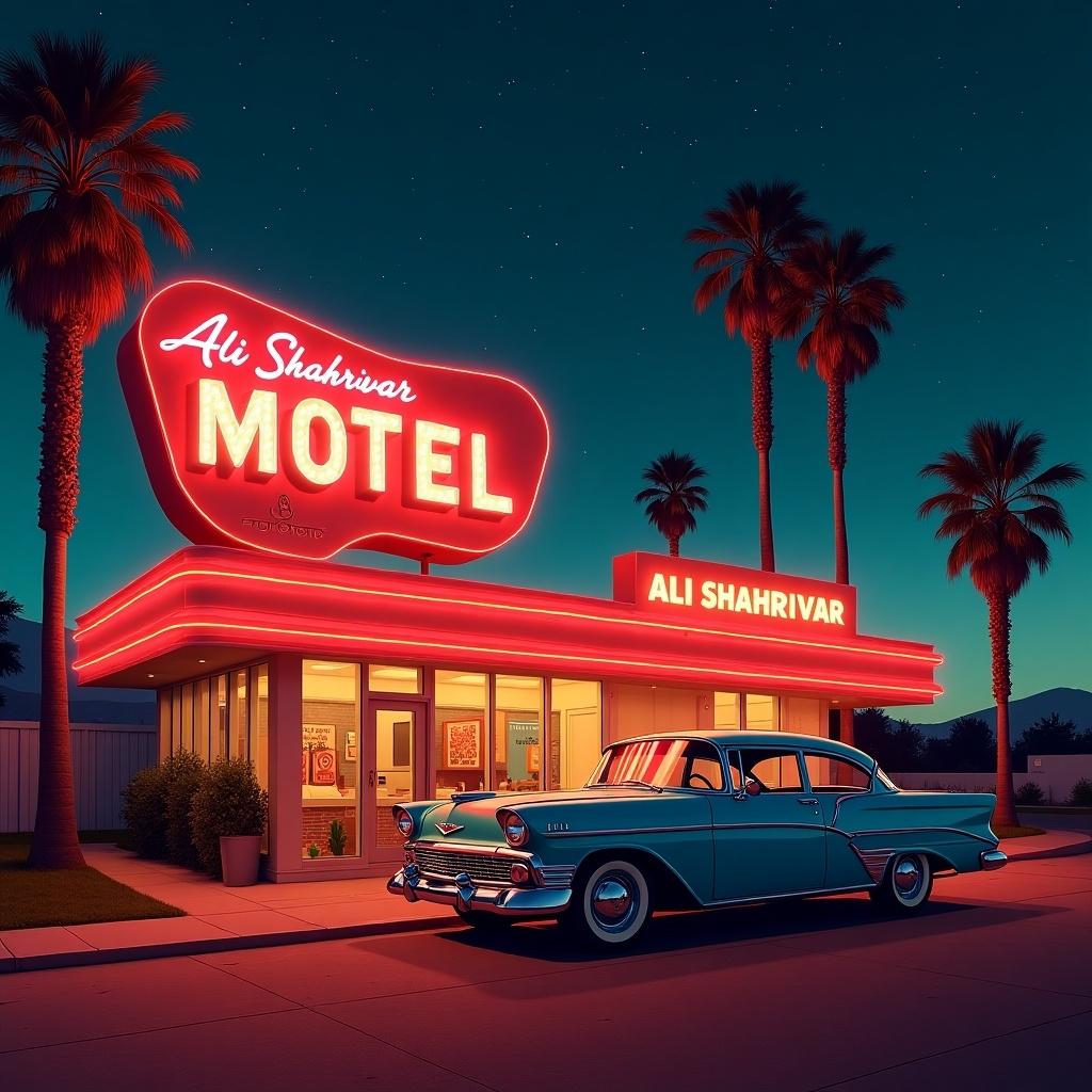 Image of a classic motel named 'Ali Shahrivar' lit by neon signs at night. A vintage car is parked in front. Background shows tall palm trees and a starry sky. Colors include vibrant red, orange, and soft blue. Atmosphere conveys adventure and nostalgia on the open road.