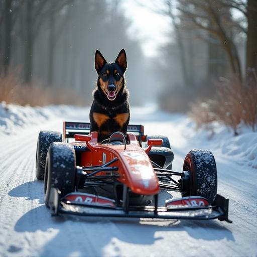 Lancashire Heeler dog sits in an F1 car driving through a snowy woodland. Snow covers the ground and trees while the dog appears happy.