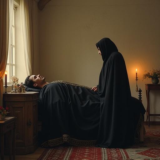 A dimly lit room with flickering candles around a funeral bed. Dark curtains absorb light and sound. The father of Agone lies under a black silk shroud with golden embroidery. His parchment-like hands are crossed over his chest. Agone stands before the bed in a dark cloak, shadows on his face. Candlelight flickers on his black boots and silver cane. Thick curtains tremble slightly in a draft. An open window lets in a cold breath, lifting the shroud slightly.