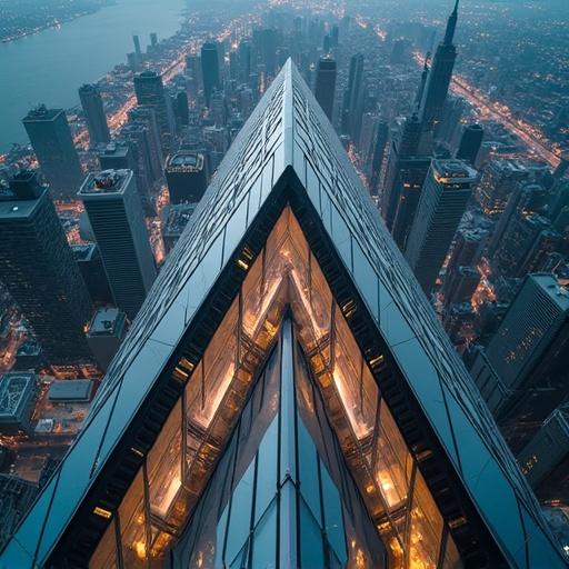 Intense FPV drone shot from high above city freefalling towards geometric skyscraper rooftop. The city grid blurs as drone dives towards building with precision. Camera spirals tighter near structure, threading through rooftop frame alongside glass facade capturing reflections. Each level streaks by, windows and balconies visible until the drone pulls up above the street.