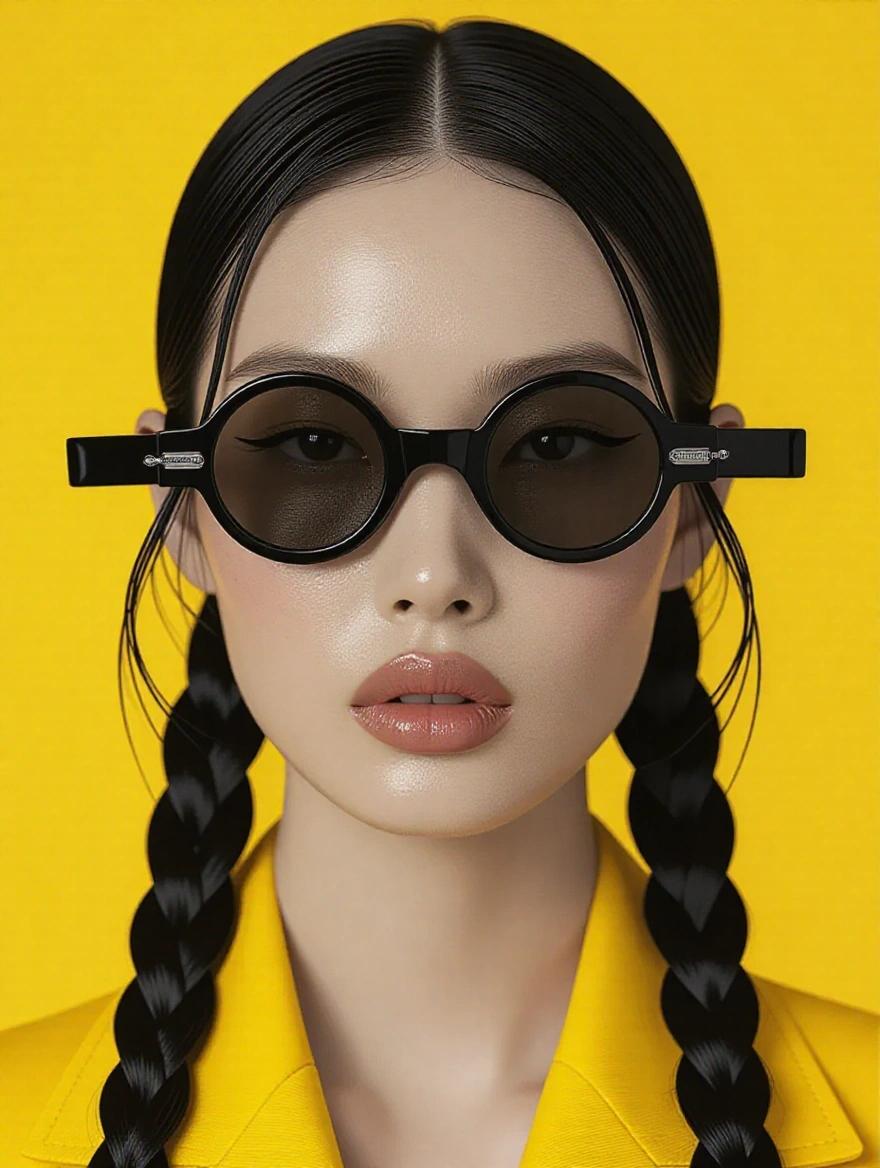 A high-resolution photograph of a woman with futuristic appearance. She has fair skin and long black hair styled into two braids. A black eyepatch covers her eyes. Her makeup includes yellow eyeshadow and natural lip color. She wears a shiny black latex top with studs and chains. The background is light gray. Soft front lighting highlights the gloss on her hair and outfit.