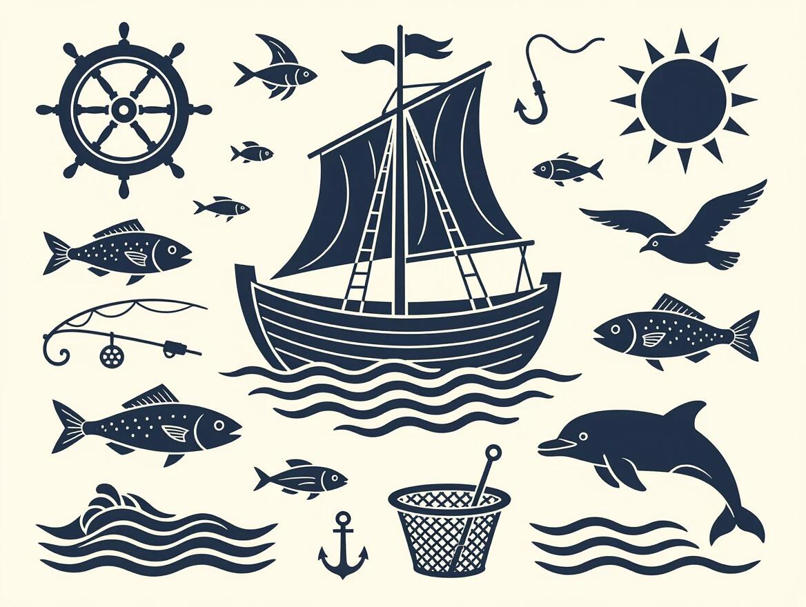 This is a collection of black vector illustrations featuring nautical elements. It includes a sailboat, a steering wheel, various fish, a fishing rod, a seagull, the sun, waves, a dolphin, a harpoon, a hook, a float, and a landing net. The images are printed on a white background with a fishing theme reminiscent of the year 1880.