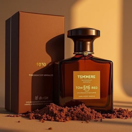 Tom Ford Tobacco Vanille 100 ml bottle displayed with its packaging. Brown background with tobacco scattered beside the bottle.