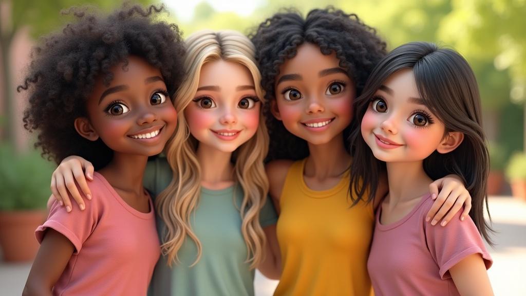 Four young girls embrace each other. They smile joyfully. Each girl represents a different country. One girl has dark skin with curly hair. Another has fair skin with blonde hair. The third has East Asian features with straight black hair. The fourth has South Asian features with dark brown hair. They wear colorful casual clothing. The setting is bright outdoors. The lighting is soft and natural. The atmosphere feels warm and friendly. The image is photorealistic with vibrant colors and high detail.