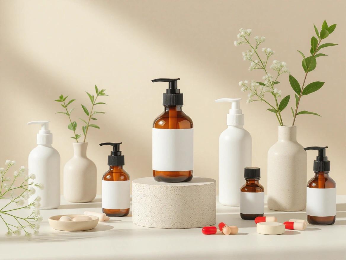 Modern pharmacy promotional image featuring various bottles and natural elements. Clean composition shows soft lighting and professional medical elements.