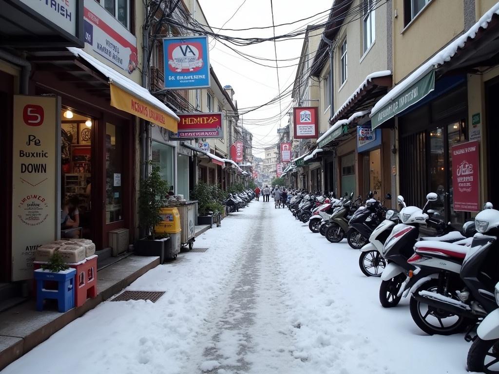 The image depicts a quiet alleyway with shops lining either side. The ground is covered with a thin layer of snow, giving the scene a serene winter feel. There are a few parked motorcycles on the side. The shop signs and advertisements are visible, with their colors slightly muted by the snow. The sky is overcast, adding to the chilly atmosphere of the setting.