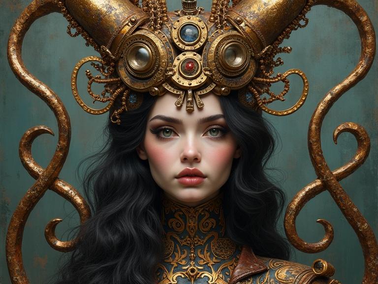 A portrait of a female character featuring an elaborate steampunk headpiece and intricate clothing. The subject has flowing black hair and a detailed face. The background is a muted green, enhancing the metallic tones of the headpiece.