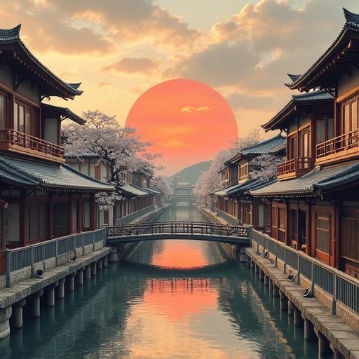 Realistic depiction of Japan with cherry blossoms along a waterway during sunset. Traditional Japanese buildings flanking the canal, vibrant sunset colors reflecting on the water.