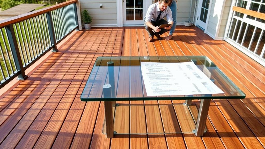 The image depicts a serene deck setting with a glass table at its center holding a large piece of paper. A person is crouching in the background, presumably studying the document. The deck is bathed in sunlight, casting long shadows across the wooden floorboards, creating a warm and inviting atmosphere.