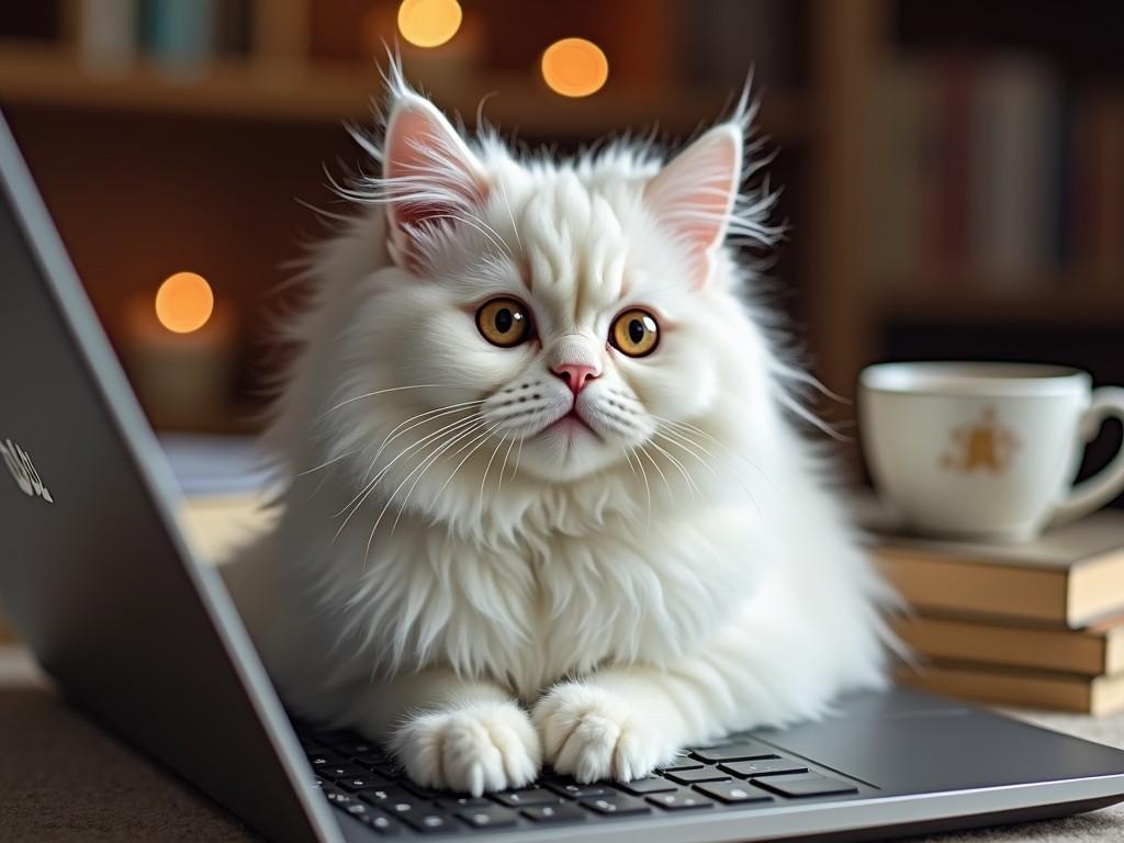 A fluffy white Persian cat is comfortably resting on a laptop keyboard. The laptop displays the Dell logo and is positioned on a cozy surface. In the background, there are blurred warm lights creating a soft ambiance. Next to the laptop, there's a small white cup, adding to the homey feel. The overall scene presents a perfect blend of technology and pet companionship, ideal for cat lovers.