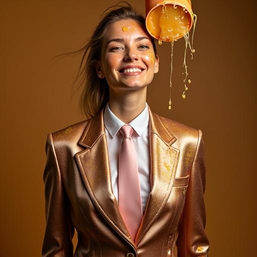 A woman in a shiny bronze satin business suit with a white satin shirt is smiling and enjoying while applesauce is being poured over her head. She wears a pink tie and shiny bronze satin leggings. The scene captures the messiness as the applesauce covers her face, neck, suit, and hair. The background hints at chaos with applesauce splatters.