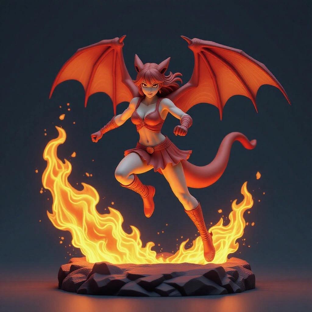 3D female figure inspired by Charizard for resin printing. The girl in mid-air launching an attack with massive flames. Hands clasped in front and a powerful flame hitting the ground. Dynamic leg position and torso twist showcasing muscles. Large bat-like wings similar to Charizard. Tail raised with burning flame. Wears scaly armor in orange and gold, hair flowing back. Aggressive expression with glowing eyes and open mouth. Base made of volcanic rock fragments.