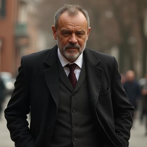 Image of a man in formal wear walking on the street. Expression is serious and intense. Background shows an urban environment. The image is in natural light and conveys a strong mood.
