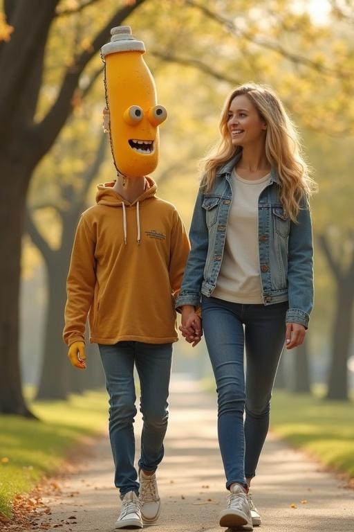 A blonde woman in casual clothes walking with an anthropomorphic glue stick in a park during spring. They are holding hands, expressing love and joy.