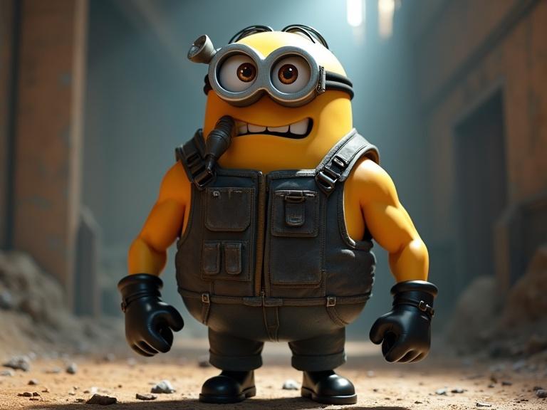 A muscular minion styled as Bane wearing a mask with tubes. The character has a combat vest and flexed arms. It is standing in an underground arena with powerful lighting. The style is 3D Pixar animation.