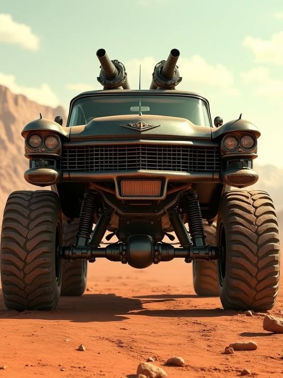 Hyper-realistic 3D render of a vehicle inspired by Mad Max: Fury Road. Two Cadillac cars are fused together painted in matte black with wear and burn marks. A large V-8 engine rests between them. The vehicle has oversized tires and rugged suspension. The grill features reinforced steel. The windshield is cracked and surrounded by armor. Dual machine-gun turrets are on the roof. The background has a barren desert landscape with rocky formations and drifting sand clouds. The detail showcases textures and proportions of the vehicle.