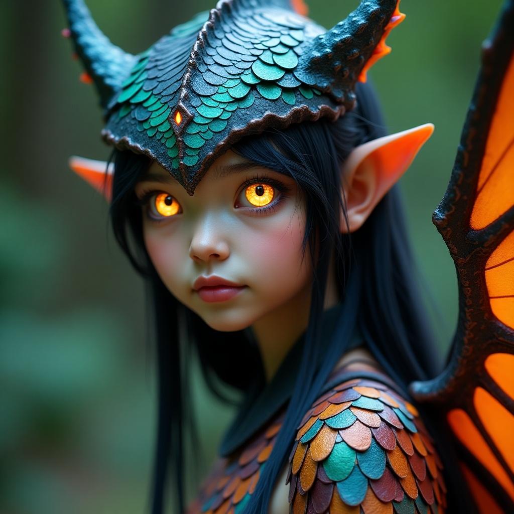 A young woman stands gracefully, adorned with vibrant scales that shimmer in shades of green and orange. Her large, glowing eyes captivate and seem to hold ancient secrets. Thin, delicate wings rest folded against her back, intricately detailed like those of a butterfly. The background features a blurred forest environment, enhancing her otherworldly presence. This fantasy character embodies beauty and mystery, combining elements of nature with magical realism.