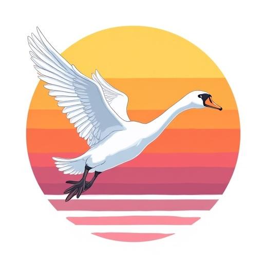 Cartoon style swan in mid-flight. White swan with bold outlines and smooth curves. Retro sunset colors in backdrop. Wings spread elegantly. Vibrant gradient below. Designs ideal for t-shirt printing. Clean lines on a white background.