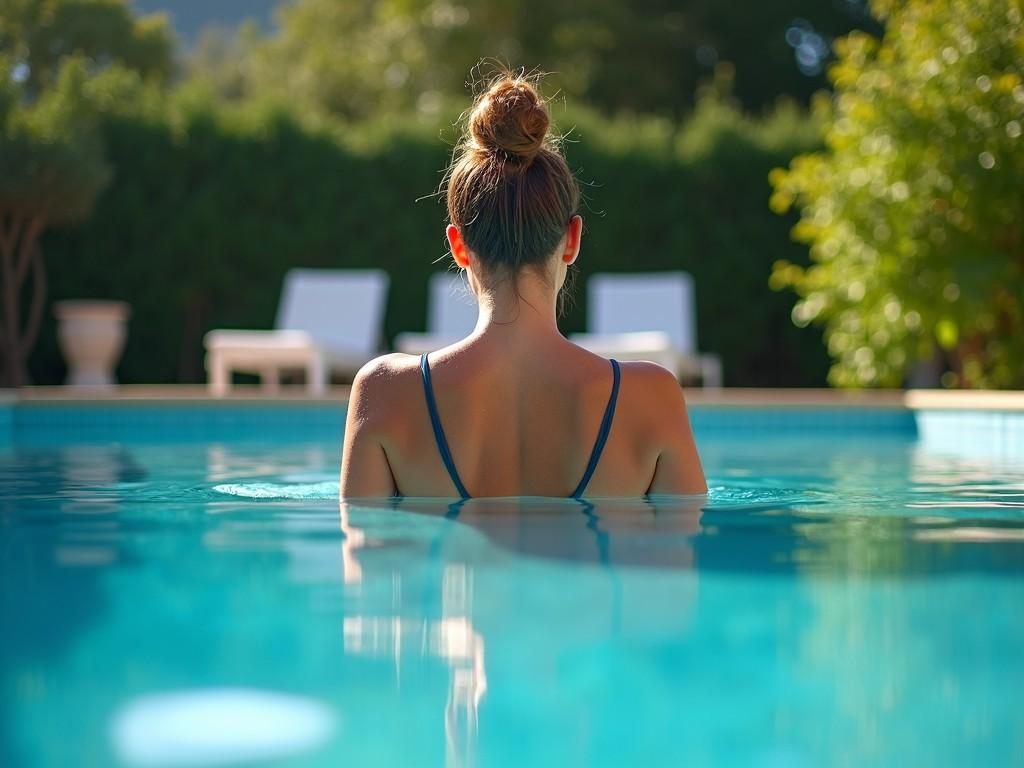 This image depicts a woman relaxing in a swimming pool, with her back to the camera. The scene conveys a sense of calm and tranquility, enhanced by the clear, turquoise water reflecting the sunlight. In the background, blurred sun loungers and green foliage add to the serene outdoor setting.