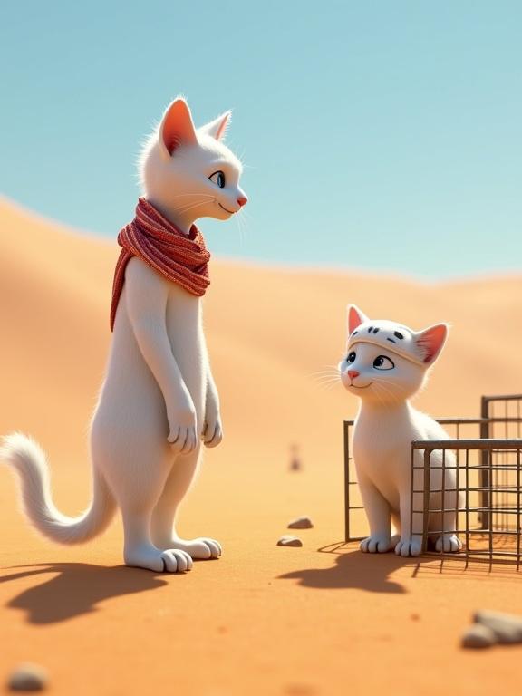 Humanoid cats in a desert. Tall white cat in thobe and ghutra stands with a young white cat in mini thobe and taqiya. Desert with golden sand dunes and a goat in a fence. Natural light on their fur and surroundings.