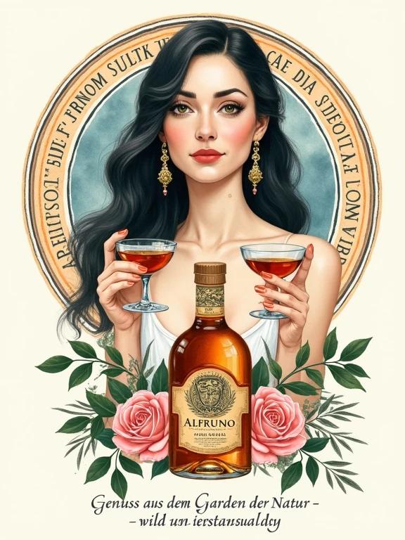 Watercolour art in vintage style featuring a central female figure in her mid-fifties. The figure has long dark hair and fair skin, holding two glasses filled with amber herbal liqueur. Striking facial features include full lips and defined eyebrows. Ornate dangling earrings adorn her. Background has a circular design with watercolor effect in blue and orange hues. A decorative border features text. An apothecary-style bottle labeled Alfruno with a detailed logo is in front of her. Pink roses and green foliage are arranged around the bottle. Text reads Genuss aus dem Garten der Natur - wild und besonders at the bottom. Composition is symmetrical and balanced, emphasizing elegance and luxury.