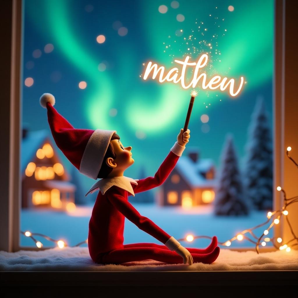 An elf on the shelf sits with its back to the viewer, gazing skyward. It holds a glowing wand that emits sparkling light. The background showcases a charming Christmas scene with colorful northern lights swirling above. In the distance, a cozy house can be seen, decorated for the holidays. Snow covers the ground, adding to the winter atmosphere. The elf is in a playful position, embodying the spirit of magic and wonder associated with Christmas. The names 'matthew' and 'sofia' are written in the air using the wand, creating a sense of holiday cheer.