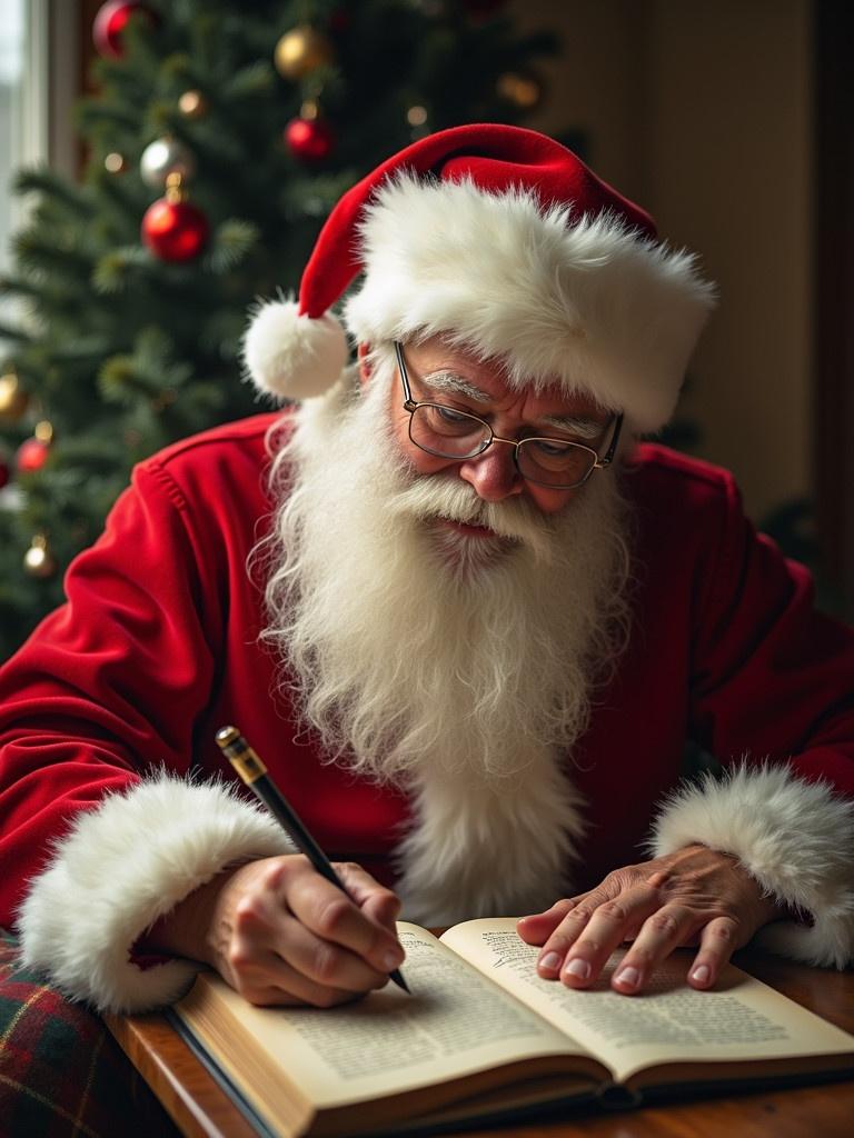 Realistic depiction of Santa Claus writing the name Rosita in capital letters. Santa wears a classic red suit with white fur trim. Background shows a Christmas tree with ornaments. The scene evokes a warm seasonal atmosphere.