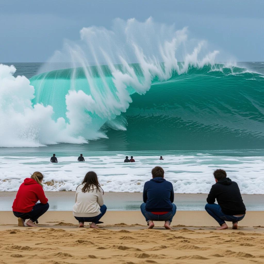 Five people crouching on the beach observing a massive turquoise wave. Sand underfoot, ocean in background. A surreal scene of nature's power about to crash without causing harm. Dark clouds overhead, tension in the moment. People appear amazed and slightly fearful.