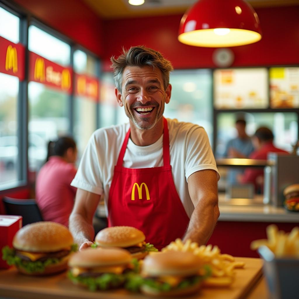 The image captures the essence of a lively fast food restaurant. A smiling employee in a classic McDonald's uniform stands proudly behind the counter. He is surrounded by freshly made burgers and golden fries, radiating a sense of joy. The vibrant red and yellow interior reflects the brand's identity. The atmosphere conveys a welcoming and fun environment for customers, suggesting a memorable dining experience.