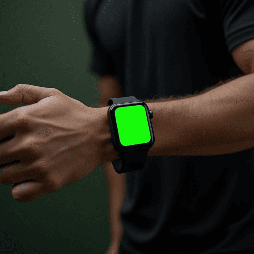 A person wearing a smartwatch with a bright green screen.