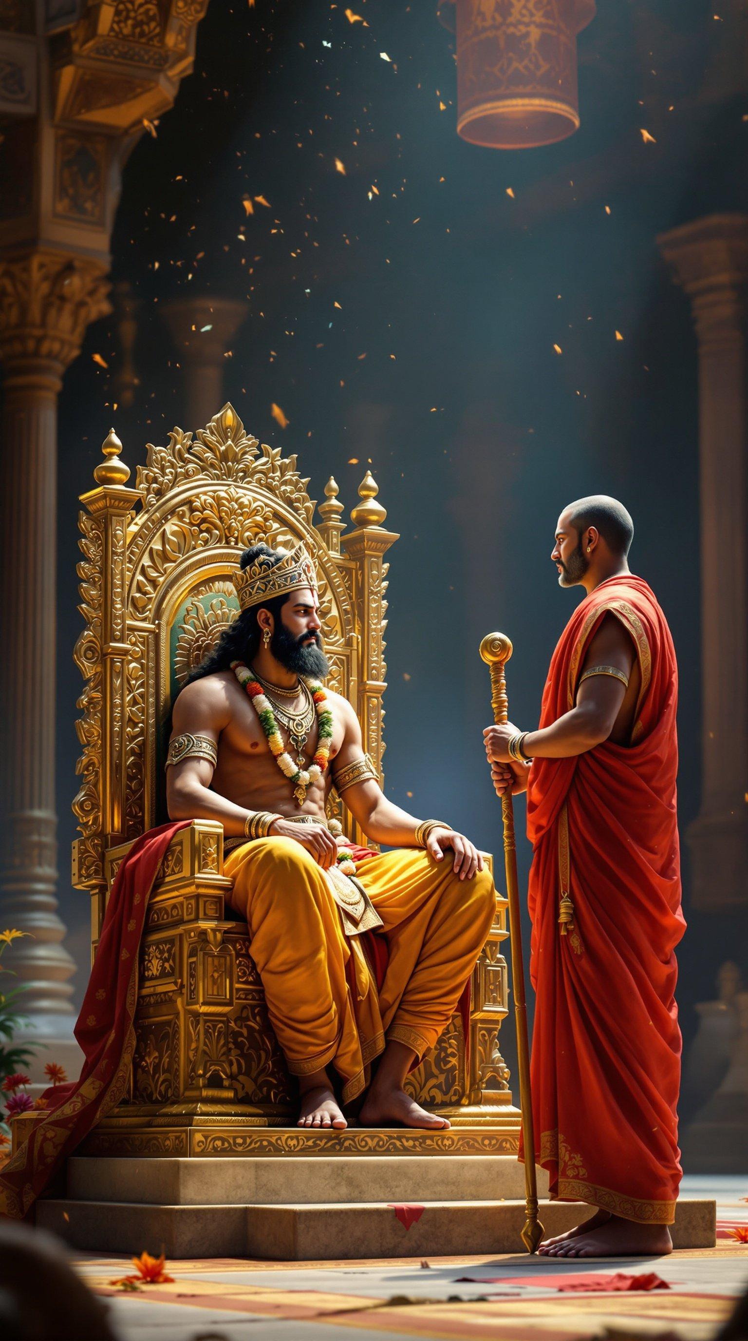 A clear ultra-HD image of King Veerendra sitting on a golden throne. He listens to Maharsi Anand, who stands beside him holding a wooden staff. The setting is elaborate and rich in detail with traditional attire and decorations.