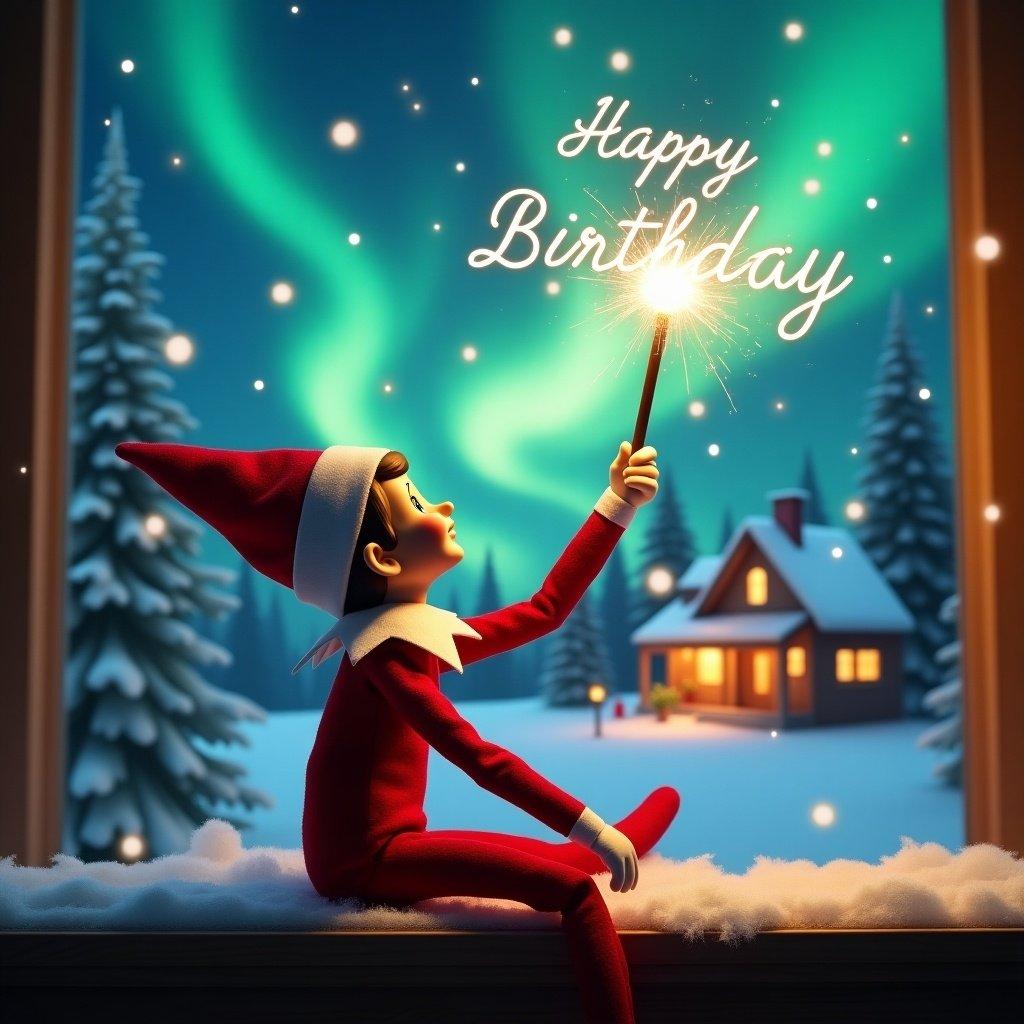 An elf on the shelf sits gazing at the northern lights. It holds a glowing wand that emits sparkling light. A cozy house is in the distance decorated for Christmas. Snow covers the ground. The elf embodies the spirit of Christmas magic. 'Happy Birthday Malik' is written in the air with the wand.