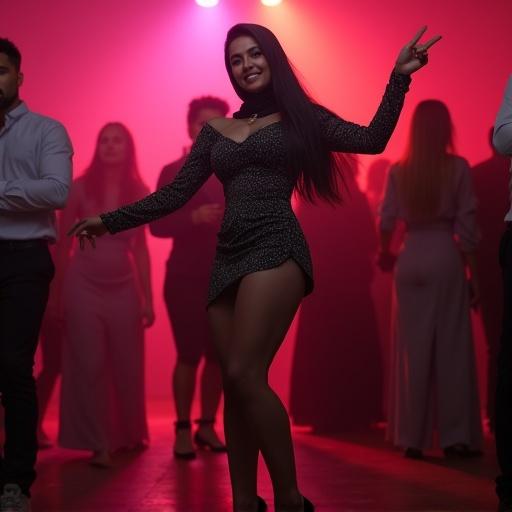 Young woman in hijab dances confidently in an empty nightclub. She wears a minidress and high heels. Her arms are raised, and she looks directly at the viewer with a smile.