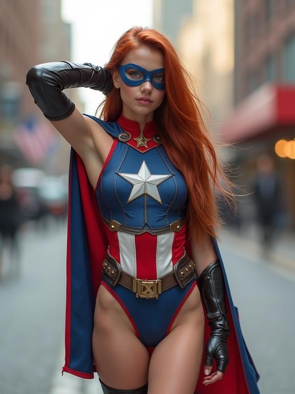 A photorealistic image of a girl with long auburn hair and pale skin posing as a superhero in a city. She is wearing an American flag themed costume with a cape and mask. She has a cute smile and animated blue eyes. The shot captures her full body, emphasizing her athletic build and the details of her costume.