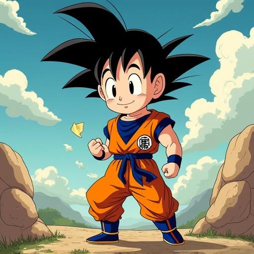 Son Goten is a child character with spiky hair. He wears an orange martial arts uniform. The background includes mountains and a blue sky with clouds. Goten is smiling and posing in an action stance.