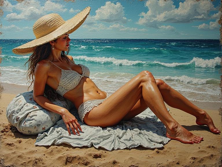 A woman lounging on a beach. She wears a straw hat and a bikini. The scene shows golden sands and blue waves. The artwork is a multi-layered oil painting. There is a mix of textures and materials creating depth. It evokes beauty and summer vibes.