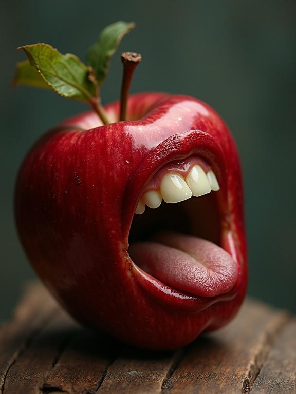 A surreal apple with a mouth screaming. The apple is red with a green leaf. The mouth has visible teeth and a tongue sticking out. The background is softly blurred.