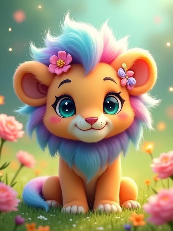 Image depicts cute animated lion cub in a vibrant flower-filled meadow. The cub has a peach-colored face with large teal eyes, pink blush on cheeks, and a small mouth. Its mane features a multicolored gradient in blue, pink, purple, and orange, adorned with floral ornaments and a butterfly clip. The body transitions from peach to blue and orange, with a bushy tail. Background includes lush green field with colorful flowers and soft glowing lights for a magical atmosphere.