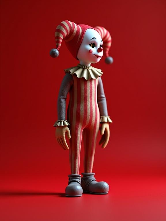 A miniature harlequin figure in a surreal Droste effect where each harlequin appears in a little distance from the next. The scene features a red background with hyper-realistic rendering and soft natural lighting. It showcases shallow depth of field with ultra-detailed textures, emphasizing photorealism and a cinematic composition.