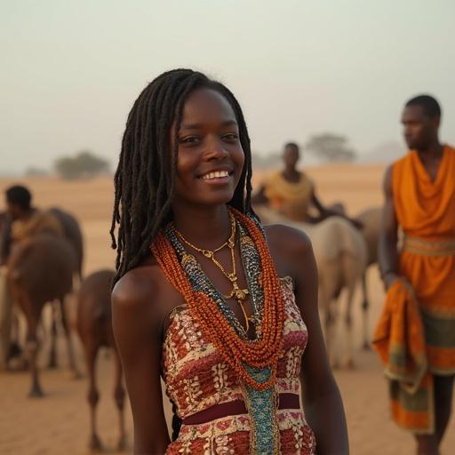 Portrait of a smiling woman wearing traditional attire in an outdoor setting surrounded by a community