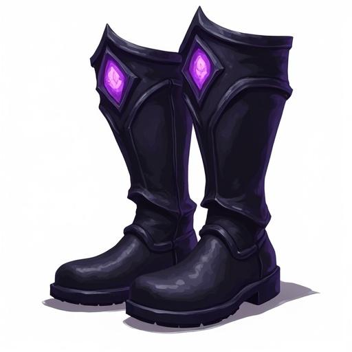 Pure matte black boots designed for ARPG. Black absorbs light with darker shadow tendrils. Edges shimmer purple or void-like. Unsettlingly non-reflective. Icon with transparent background.
