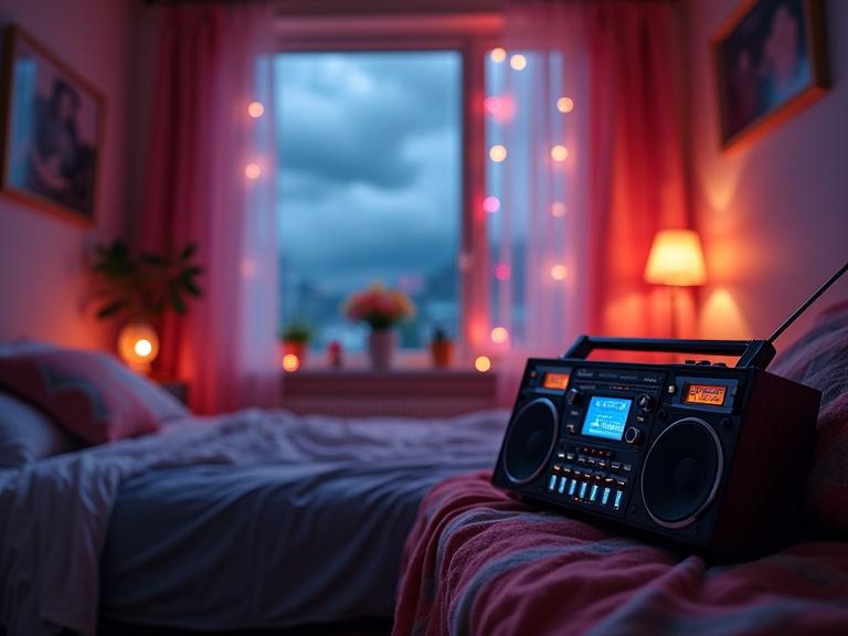 Cozy bedroom with vibrant lights. High-tech radio player in focus. Warm indoor atmosphere contrasts stormy weather.