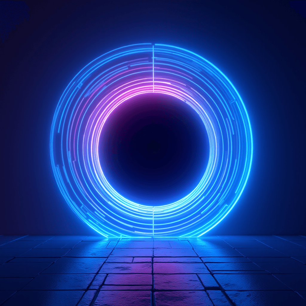 A glowing neon circle with blue and purple hues on a tiled floor against a dark background.