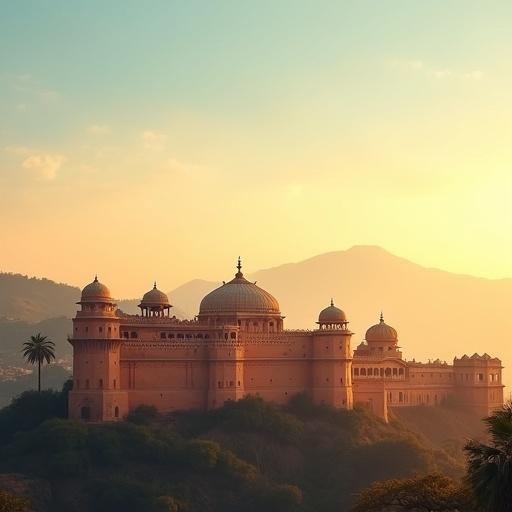 Photorealistic vertical tourism poster of Jaipur. Gradient sky from orange to blue at the top, smooth transition. Bottom part showcases Jaipur's architectural landmark. Natural surroundings like trees and hills present. Warm golden-hour lighting with rich colors and details. No people. Polished travel advertisement style.
