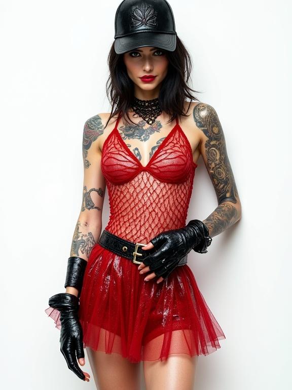 A woman with dark hair stands against a stark white background. She wears a black cap and a red fishnet top with sleeves. A red metallic-look belt is visible along with a short skirt. One hand is covered by a black glove. Tattoos are present on her left arm and thigh. She poses with arms slightly bent and hands on her hips, legs apart, gazing piercingly at the camera. The image uses high-contrast lighting to enhance the vibrant red.