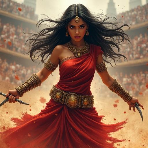 Digital comic illustration featuring a powerful female queen of Indian origin. She wears a dramatic red saree and stands in an arena. The cloth is tattered from battle. The scene conveys action and intensity.