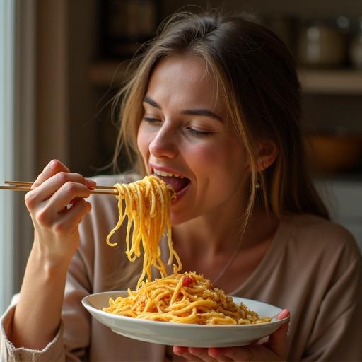 Woman with long hair sits at a table. She eats spaghetti with chopsticks. The plate is filled with spaghetti. Soft light fills the room. Background has blurred restaurant elements.